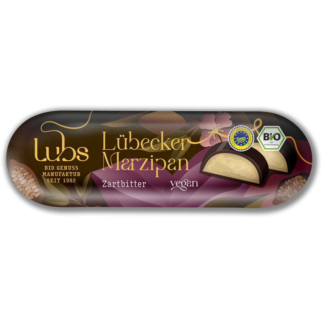 Lübecker Marzipanbrot mit Zartbitterschokolade und Rohrohrzucker (vegan)